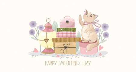 Valentine's day card. Romantic cat with festive elements. Hand lettering. Vector illustration. Template for Invitation, greetings, congratulations, postersのイラスト素材