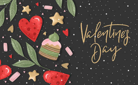 Valentine's day greeting card with flowers, sweets, branches, romantic elements and handwritten text. Vector illustration. Template for invitation, greeting, greetings, posters.のイラスト素材