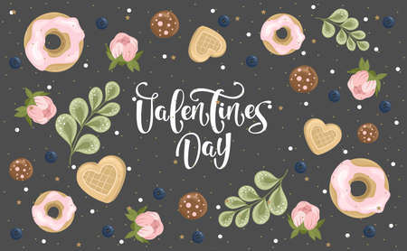 Valentine's day greeting card with flowers, sweets, branches, romantic elements and handwritten text. Vector illustration. Template for invitation, greeting, greetings, posters.のイラスト素材
