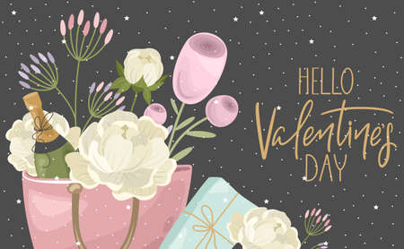 Valentine's day greeting card with flowers, sweets, branches, romantic elements and handwritten text. Vector illustration. Template for invitation, greeting, greetings, posters.のイラスト素材