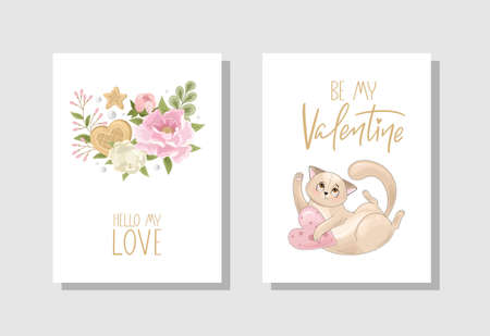 Set of Valentine's day Greeting cards with flowers, sweets, branches, romantic elements and handwritten text. Vector illustration. Template for invitation, greeting, greetings, posters.のイラスト素材