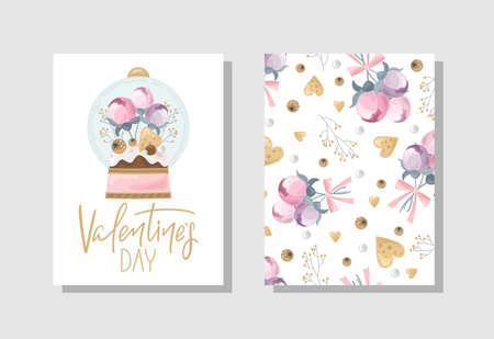 Set of Valentine's day Greeting cards with flowers, sweets, branches, romantic elements and handwritten text. Vector illustration. Template for invitation, greeting, greetings, posters.のイラスト素材