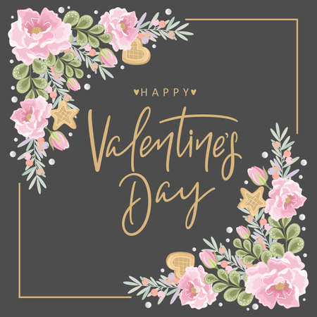 Valentine's day card. Romantic cat with festive elements. Hand lettering. Vector illustration. Template for Invitation, greetings, congratulations, posters.のイラスト素材