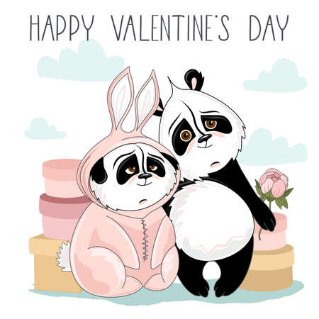 Holiday card with Valentine's Day. Cute Panda with romantic elements. Vector illustration.のイラスト素材