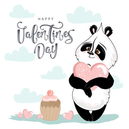 Holiday card with Valentine's Day. Cute Panda with romantic elements. Vector illustration.のイラスト素材