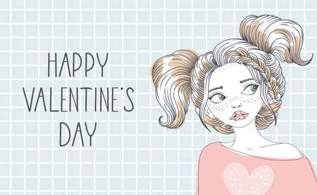 Valentine's day card. Romantic cat with festive elements. Hand lettering. Vector illustration. Template for Invitation, greetings, congratulations, posters.のイラスト素材