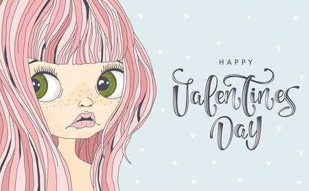 Valentine's day card. Romantic cat with festive elements. Hand lettering. Vector illustration. Template for Invitation, greetings, congratulations, posters.のイラスト素材