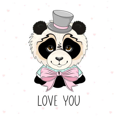 Holiday card with Valentine's Day. Cute Panda with romantic elements. Vector illustration.のイラスト素材