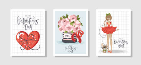 Set of Valentine's day Greeting cards with flowers, sweets, branches, romantic elements and handwritten text. Vector illustration. Template for invitation, greeting, greetings, posters.のイラスト素材