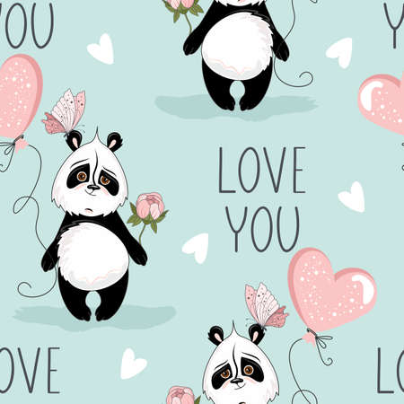 Seamless pattern with Valentine's Day. Cute Panda with romantic elements. Vector illustrationのイラスト素材