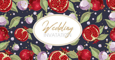 Wedding invitations with pomegranate and leaves. Composition for a wedding or greeting card. Design element for wedding, birthday, natural and eco cosmetics. Can be used for a poster, invitation, or note. Vector illustration. Printing on fabric, paper, postcards, invitations.のイラスト素材