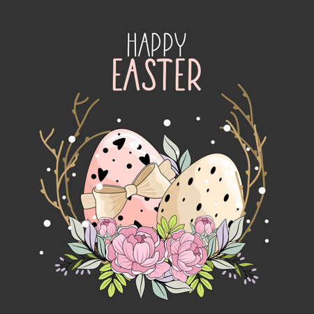 Happy Easter card with handwritten phrase. Easter elements. Calligraphy.のイラスト素材