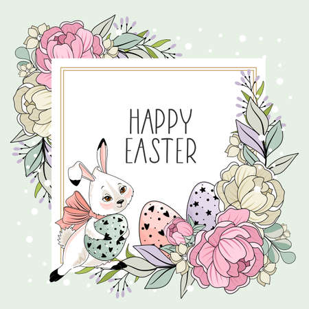 Cute Easter Bunny with a hand-drawn phrase "Happy Easter". Calligraphy brush for invitation and greeting card.のイラスト素材