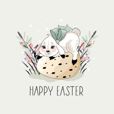 Cute Easter Bunny with a hand-drawn phrase "Happy Easter". Calligraphy brush for invitation and greeting card.Vector illustration. Template for invitations, greetings, greetings, posters.のイラスト素材