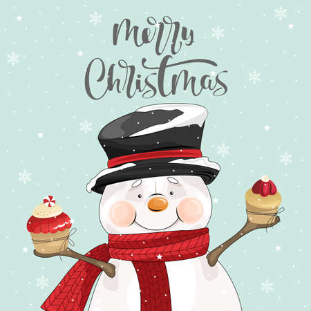 Happy New Year greeting with Snowman and sweets Vector illustration. Winter holiday card with calligraphic and hand-drawn design elements.のイラスト素材