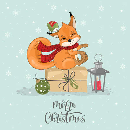 Christmas card with cute squirrel and festive elements. Vector illustration.のイラスト素材