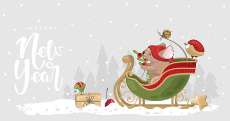 Christmas card with a cute mouse and festive elements. Vector illustration.のイラスト素材