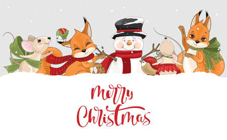 Merry Christmas with Squirrel, Snowman, and sweets. Vector illustration.のイラスト素材