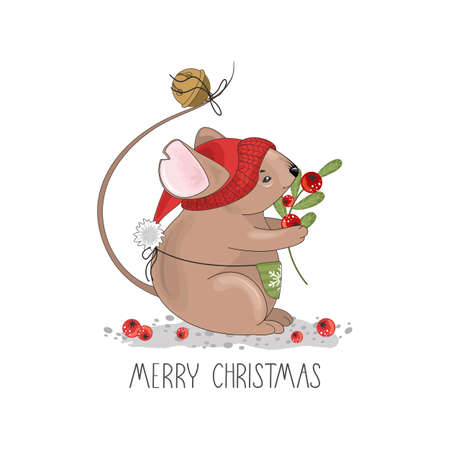 Christmas card with a cute Mouse and festive elements. Vector illustration.のイラスト素材
