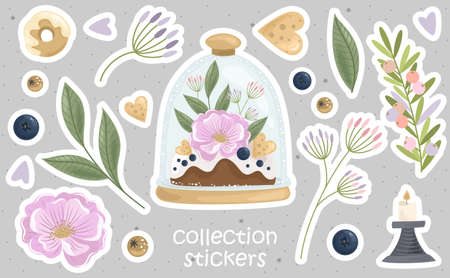 Romantic stickers with flowers, branches and cute elements. Printing on paper, fabric, and tableware. Vector illustration.のイラスト素材