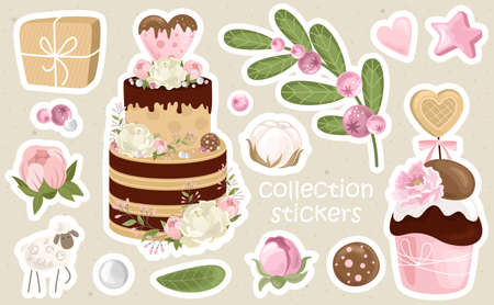 Romantic stickers with flowers, branches and cute elements. Printing on paper, fabric, and tableware. Vector illustration.のイラスト素材