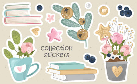 Romantic stickers with flowers, branches and cute elements. Printing on paper, fabric, and tableware. Vector illustration.のイラスト素材