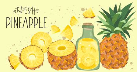 Fresh pineapple, leaves and slices. Hand calligraphy. Label, banner advertising element. Vector illustration. Printing on fabric, paper, postcards, invitations.のイラスト素材
