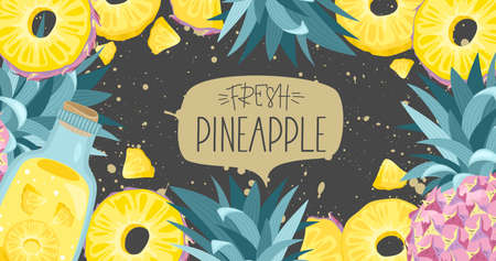 Fresh pineapple, leaves and slices. Hand calligraphy. Label, banner advertising element. Vector illustration. Printing on fabric, paper, postcards, invitations.のイラスト素材