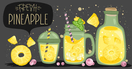 Fresh pineapple, leaves and slices. Hand calligraphy. Label, banner advertising element. Vector illustration. Printing on fabric, paper, postcards, invitations.のイラスト素材