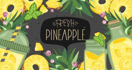 Fresh pineapple, leaves and slices. Hand calligraphy. Label, banner advertising element. Vector illustration. Printing on fabric, paper, postcards, invitations.のイラスト素材