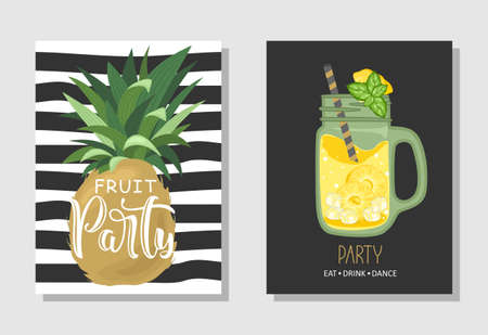 A set of postcards. Fresh pineapple, leaves, flowers and slices. Manual calligraphy of the "Fruit Party". Label, banner advertising element. Vector illustration. Printing on fabric, paper, postcards, invitations.のイラスト素材