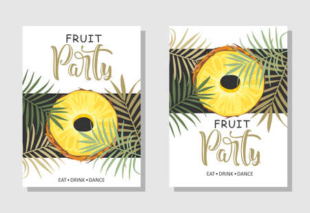 A set of postcards. Fresh pineapple, leaves, flowers and slices. Manual calligraphy of the "Fruit Party". Label, banner advertising element. Vector illustration. Printing on fabric, paper, postcards, invitations.のイラスト素材