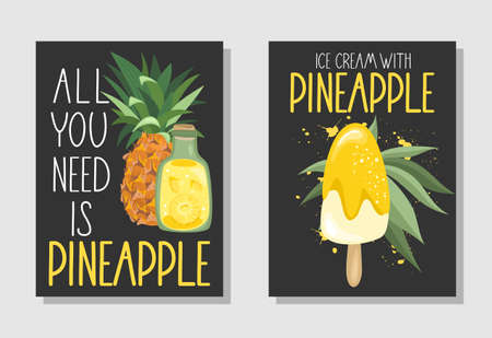 A set of postcards. Fresh pineapple, leaves, flowers and slices. Manual calligraphy of the "Fresh Pineapple". Label, banner advertising element. Vector illustration. Printing on fabric, paper, postcards, invitations.のイラスト素材