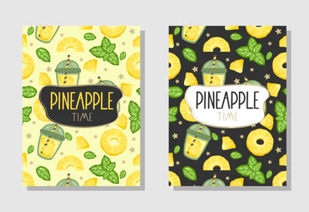 A set of postcards. Fresh pineapple, leaves, flowers and slices. Manual calligraphy of the "Fresh Pineapple". Label, banner advertising element. Vector illustration. Printing on fabric, paper, postcards, invitations.のイラスト素材