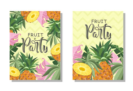 A set of postcards. Fresh pineapple, leaves, flowers and slices. Manual calligraphy of the "Fruit Party". Label, banner advertising element. Vector illustration. Printing on fabric, paper, postcards, invitations.のイラスト素材