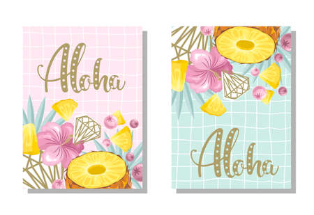 A set of postcards. Fresh pineapple, leaves, flowers and slices. Manual calligraphy of the "Aloha". Label, banner advertising element. Vector illustration. Printing on fabric, paper, postcards, invitations.のイラスト素材