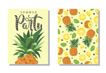 A set of postcards. Fresh pineapple, leaves, flowers and slices. Manual calligraphy of the "Summer Party". Label, banner advertising element. Vector illustration. Printing on fabric, paper, postcards, invitations.のイラスト素材