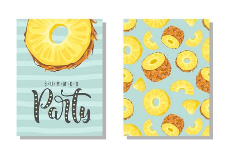 A set of postcards. Fresh pineapple, leaves, flowers and slices. Manual calligraphy of the "Summer Party". Label, banner advertising element. Vector illustration. Printing on fabric, paper, postcards, invitations.のイラスト素材