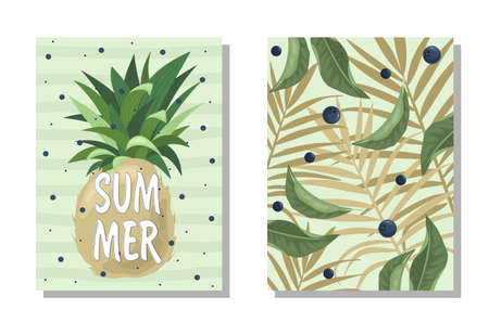 A set of postcards. Fresh pineapple, leaves, flowers and slices. Manual calligraphy of the "Summer". Label, banner advertising element. Vector illustration. Printing on fabric, paper, postcards, invitations.のイラスト素材