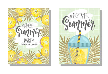 A set of postcards. Fresh pineapple, leaves, flowers and slices. Manual calligraphy of the "Summer". Label, banner advertising element. Vector illustration. Printing on fabric, paper, postcards, invitations.のイラスト素材