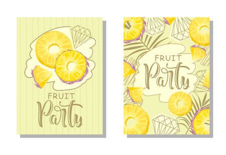 A set of postcards. Fresh pineapple, leaves, flowers and slices. Manual calligraphy of the "Fruit Party". Label, banner advertising element. Vector illustration. Printing on fabric, paper, postcards, invitations.のイラスト素材