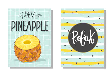 A set of postcards. Fresh pineapple, leaves, flowers and slices. Manual calligraphy of the "Fresh Pineapple". Label, banner advertising element. Vector illustration. Printing on fabric, paper, postcards, invitations.のイラスト素材