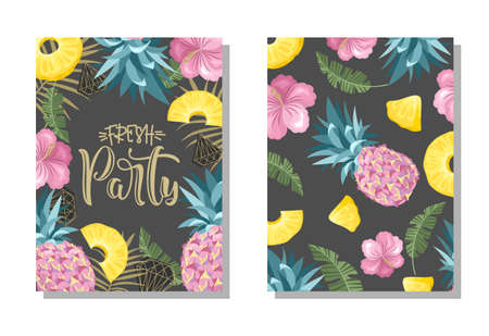 A set of postcards. Fresh pineapple, leaves, flowers and slices. Manual calligraphy of the "Fresh Party". Label, banner advertising element. Vector illustration. Printing on fabric, paper, postcards, invitations.のイラスト素材