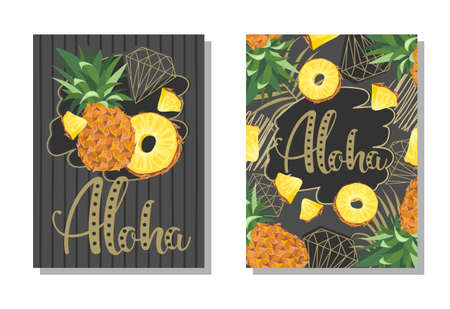 A set of postcards. Fresh pineapple, leaves, flowers and slices. Manual calligraphy of the "Aloha". Label, banner advertising element. Vector illustration. Printing on fabric, paper, postcards, invitations.のイラスト素材