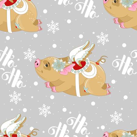 Seamless pattern with Christmas pig on winter background. For printing on fabric, postcards, paper. Vector illustration.のイラスト素材