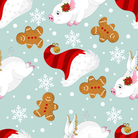 Seamless pattern with Christmas pig on winter background. For printing on fabric, postcards, paper. Vector illustration.のイラスト素材