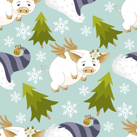 Seamless pattern with Christmas pig on winter background. For printing on fabric, postcards, paper. Vector illustration.のイラスト素材