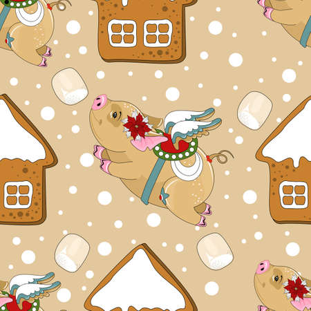 Seamless pattern with Christmas pig on winter background. For printing on fabric, postcards, paper. Vector illustration.のイラスト素材