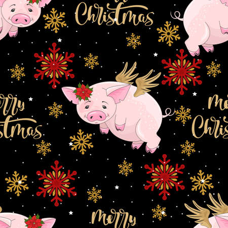 Seamless pattern with Christmas pig on winter background. For printing on fabric, postcards, paper. Vector illustration.のイラスト素材