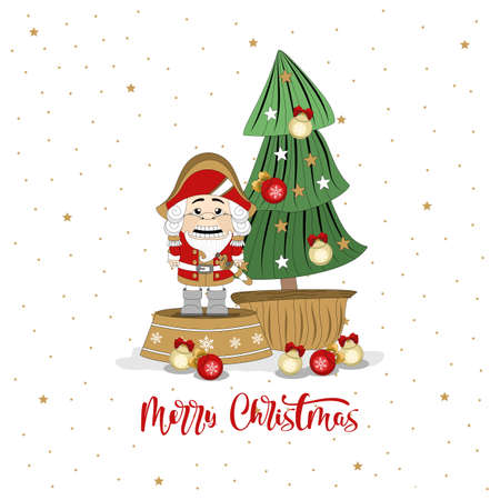 Christmas Nutcracker statue with the inscription. Sketch for greeting card, holiday poster or party invitation. Attributes of Christmas and New year. Vector illustration.のイラスト素材
